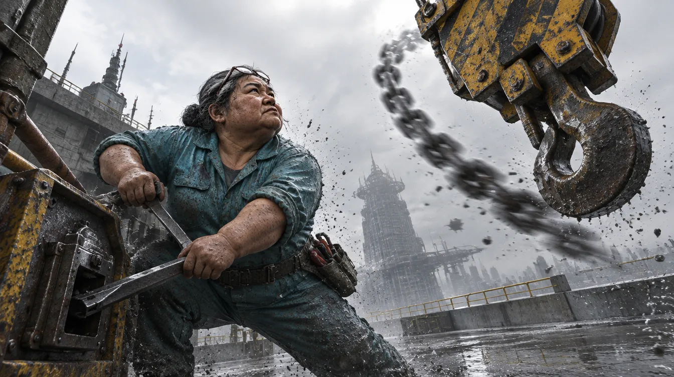 Mo menancapkan kunci ke kotak rem darurat ketika kait raksasa Crane Nine menyambar dari kanan atas.