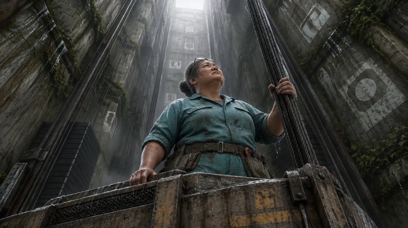 Auntie Mo berdiri di atas kabin lift di dalam poros yang menjulang ke cahaya siang.