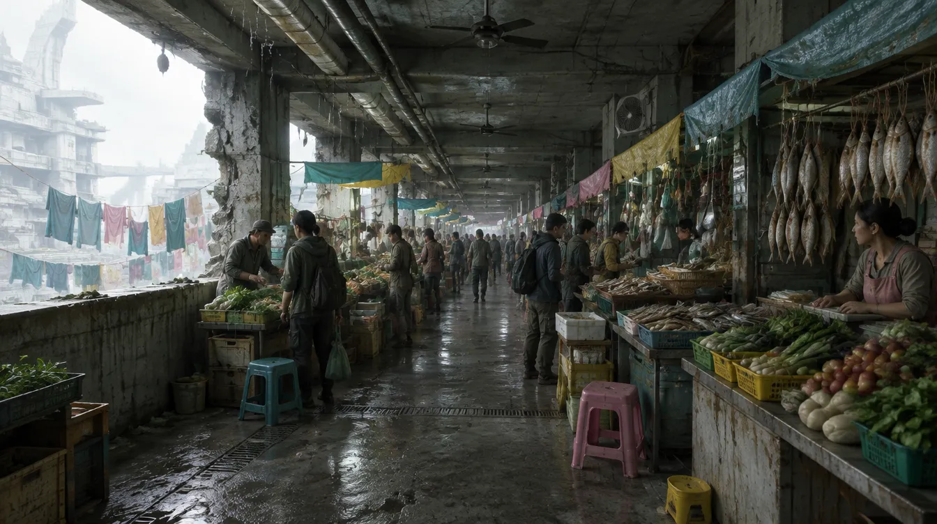 Pasar lantai 12: lorong beton penuh lapak sayur, ikan kering, dan warga yang menawar.