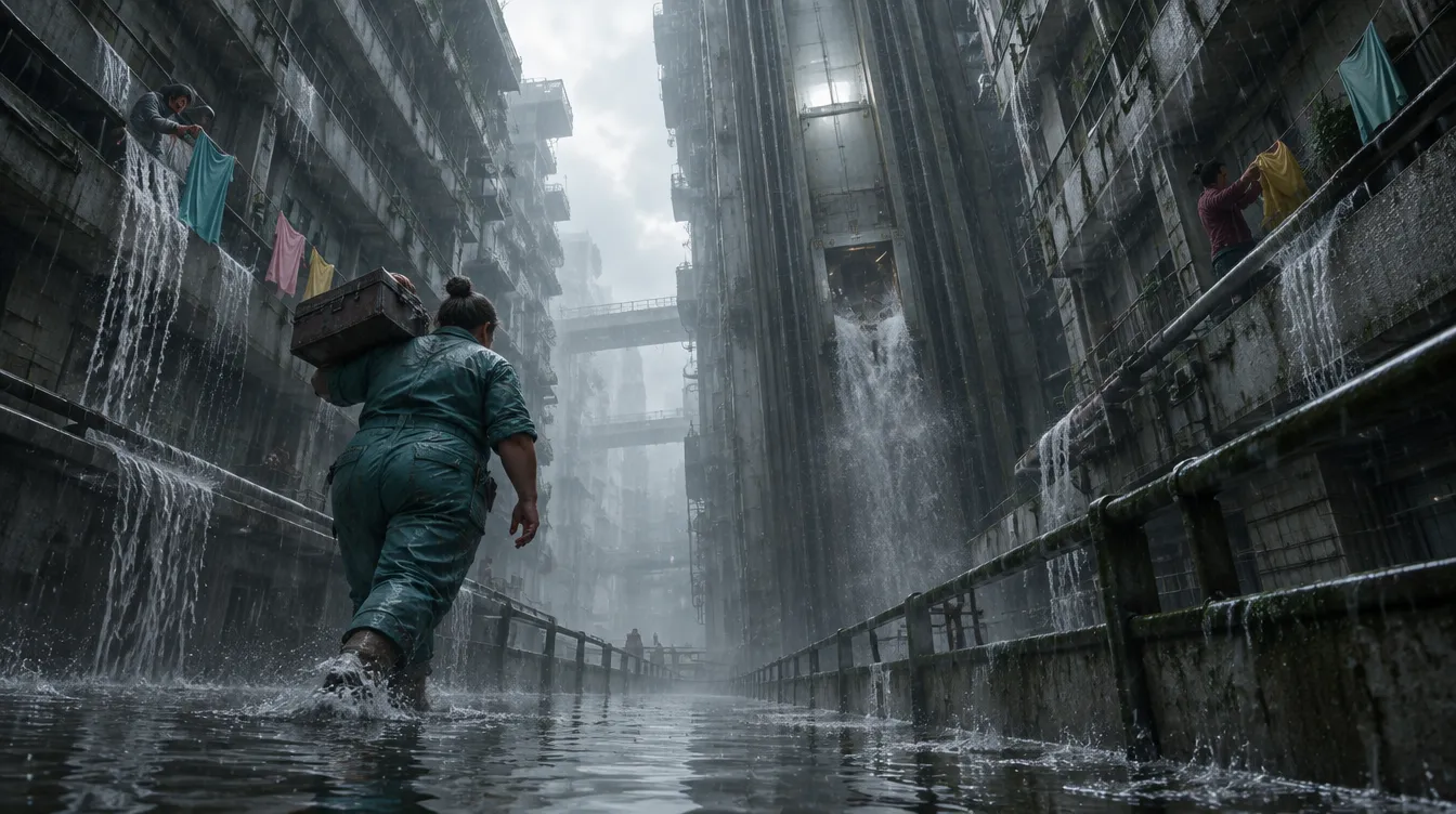 Hujan deras mengalir dari balkon, montir bertoska menyeberangi lorong yang banjir.