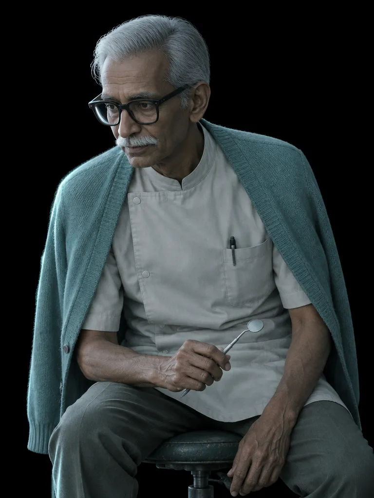 Dr. Rahim Selvan, dokter gigi tua berkacamata tebal dan berkardigan toska, duduk memegang kaca gigi.